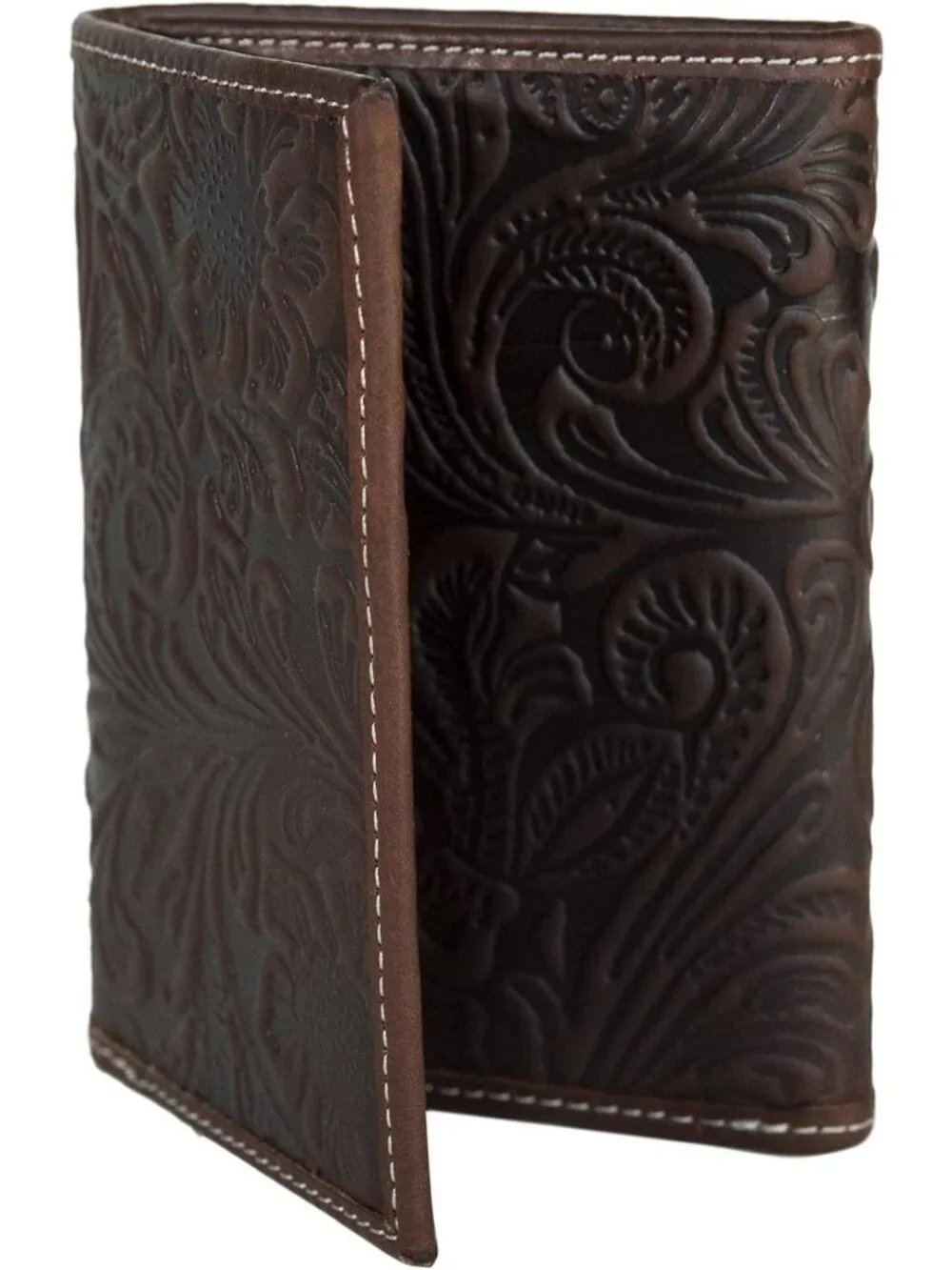 Floral Embossed Leather Trifold Wallet for Men, RFID Blocking, Brown Design